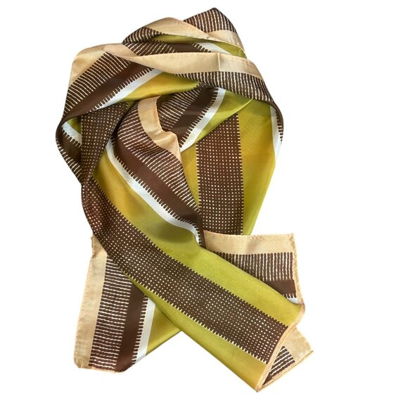 Vintage Japanese Acetate Brown Chartreuse Striped Geometric Rectangular Scarf - Picture 1 of 7